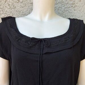 AK Anne Klein Vintage Neckline Elegant Black Women Top Short Sleeve Blouse Knit